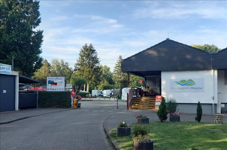 The campsite, the building and the signage for the campground at Wetxlar
