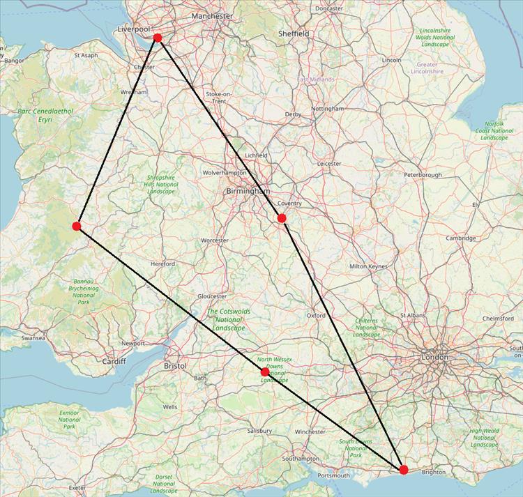Simple map from Liverpool to Coventry to Brighton to Marlborough to Mid Wales finally to Liverpool
