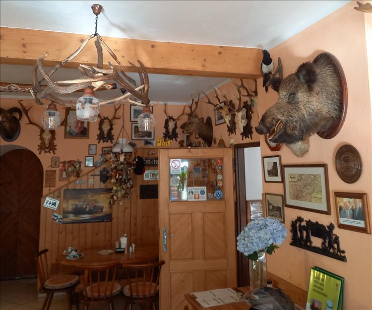 A room filled with tables and hunting trophies on the wall. Antlers, boars head, that kind of thing