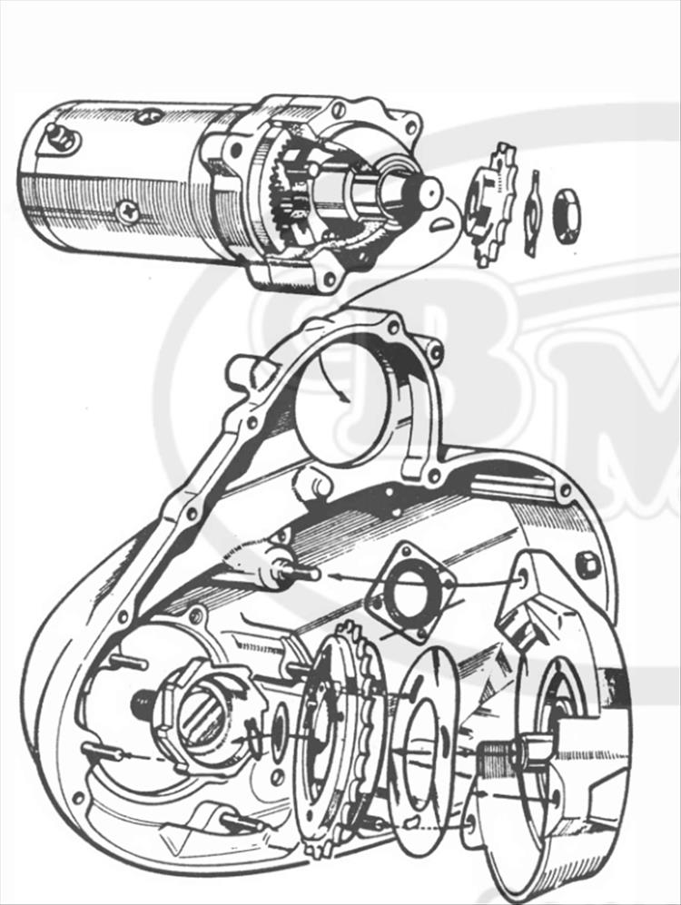 Traditional drawing over the starter motor system for a Norton Electra