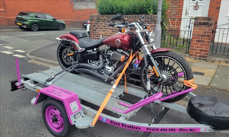 A Breakout Harley Davidson motorcycle in red on a steel trailer with pink accents