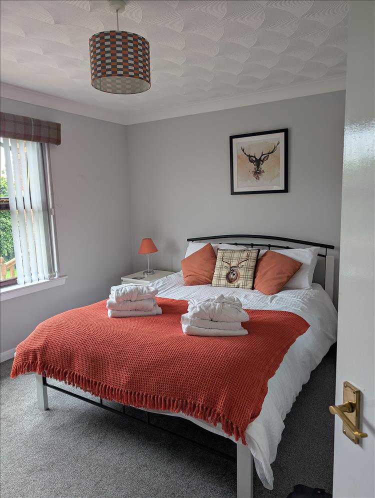 A double room with stag pillow and wall picture
