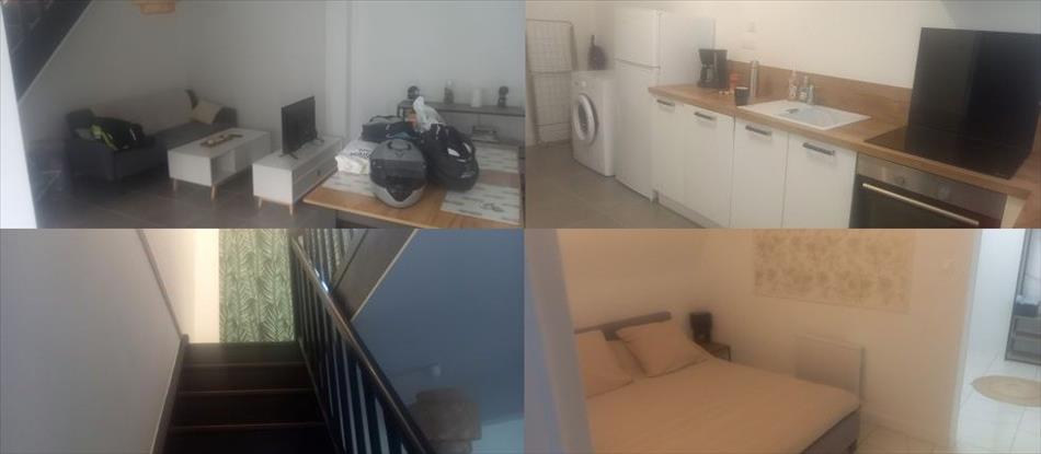 Montage of the interior of the AirBnb. Kitchen, settee, tables, stairs, beds in bedrooms