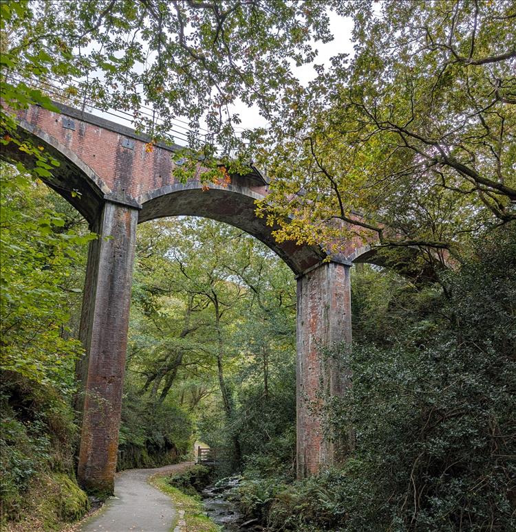 A brick build bridge, tall and nestled in dense trees and steep valley sides