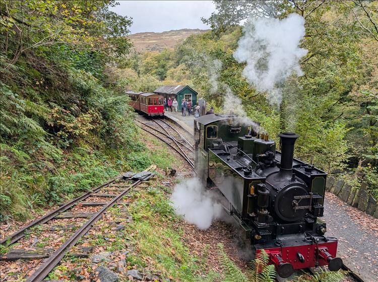 The steam engine is detached from the carriages at the station in the Welsh hills
