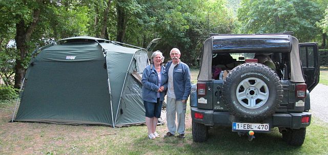 tent, belgium couple and the jeep wrangler posing for the camera at the digne les bains campsite