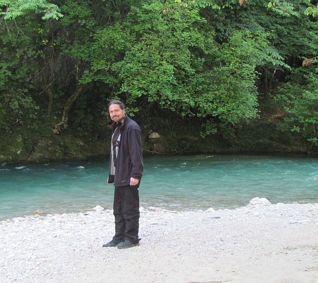 ren standing on sand at the pretty bend in the river, la colle sur loup
