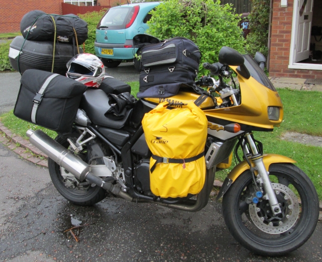 fazer all loaded up with saddle bags side bags, tank bag and tent