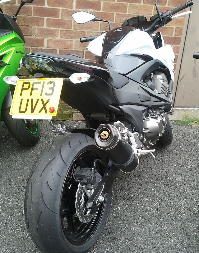 kawasaki z800 seen from rear right. sharp angles and big build give it a mean tough look