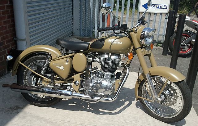 side view of the royal enfield classic desert storm