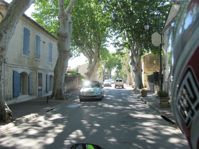 tree lined street with old french buildings and the sun causing patterns on the road