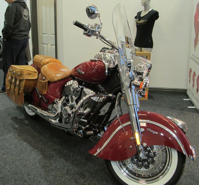 indian chief vintage bagger in red on display at the shop