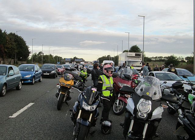 bikers at the front of a massive queue on the M6 near knutsford services