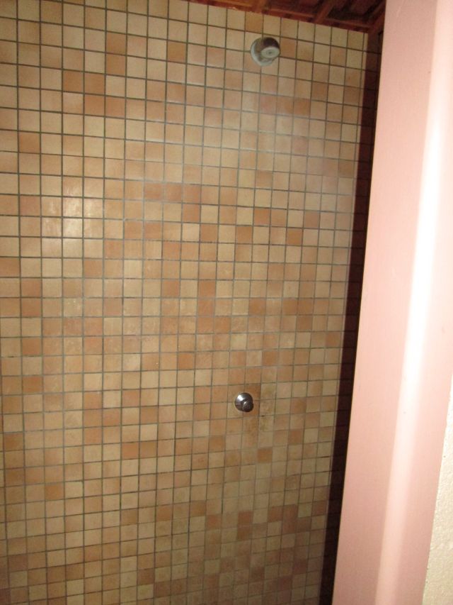 brown tiles and dull colours off the showers