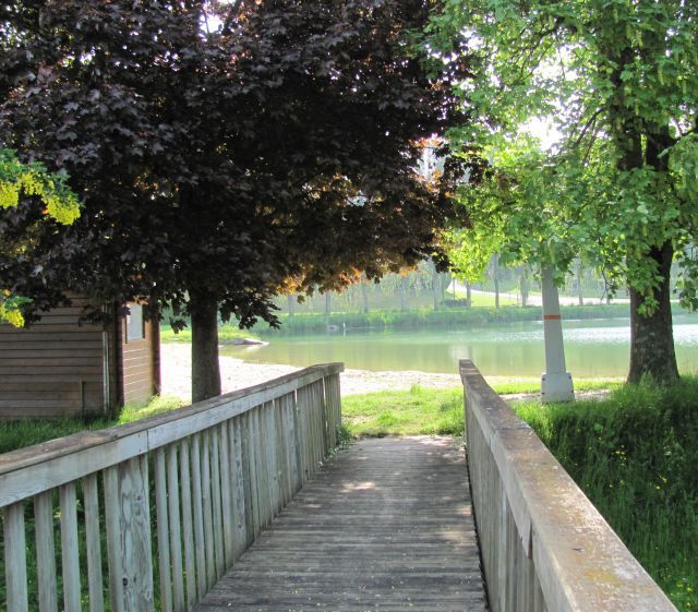 a small wooden footbridge in trees leading to a body of water at mamers