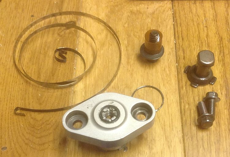 the component parts of the tensioner. Spring, plunger, threaded screw and sundry bolts