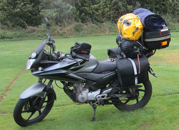 honda cbf 125 fully loaded with luggage and camping gear
