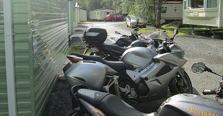 motorcycles lined up outside the static caravan at tummel valley holiday park