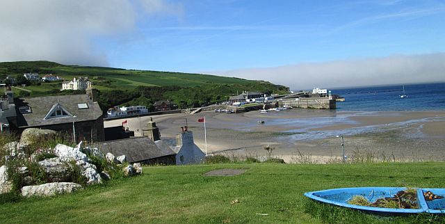 port erin on the isle of man. Looking over a beach and harbour wall with victorian hotels on the front