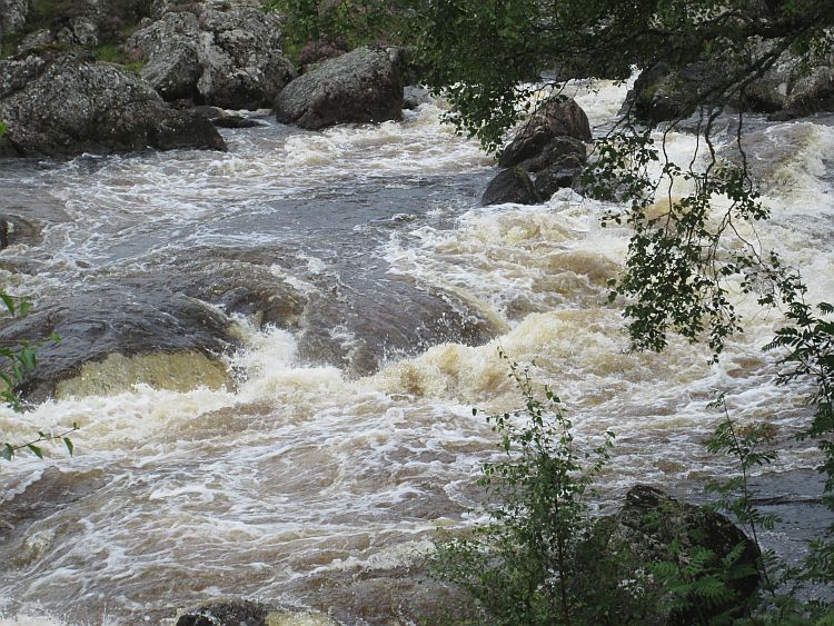 the river gaur running through to loch rannoch. Stones, white water, boulders and trees