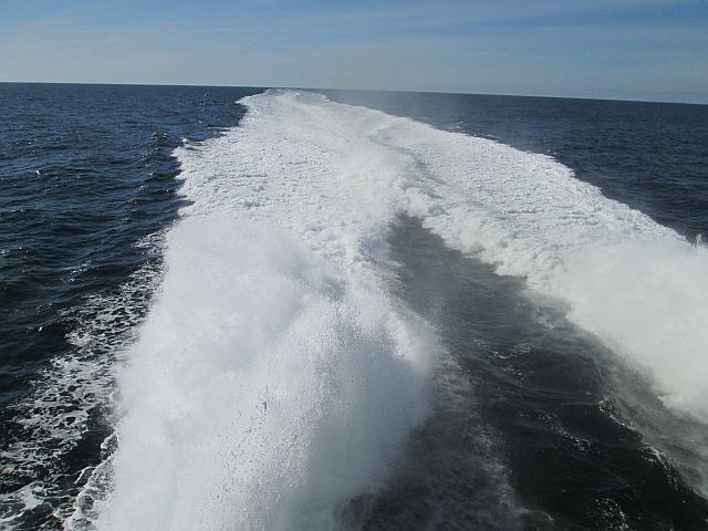 white foam from the powerful engines that drive the sea cat across the irish sea
