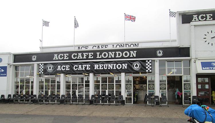 The exterior of the Ace Cafe. A white building of 1940's vintage with large windows