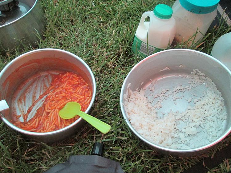 a pan of spaghetti bolognese and a pan of rice on the grass