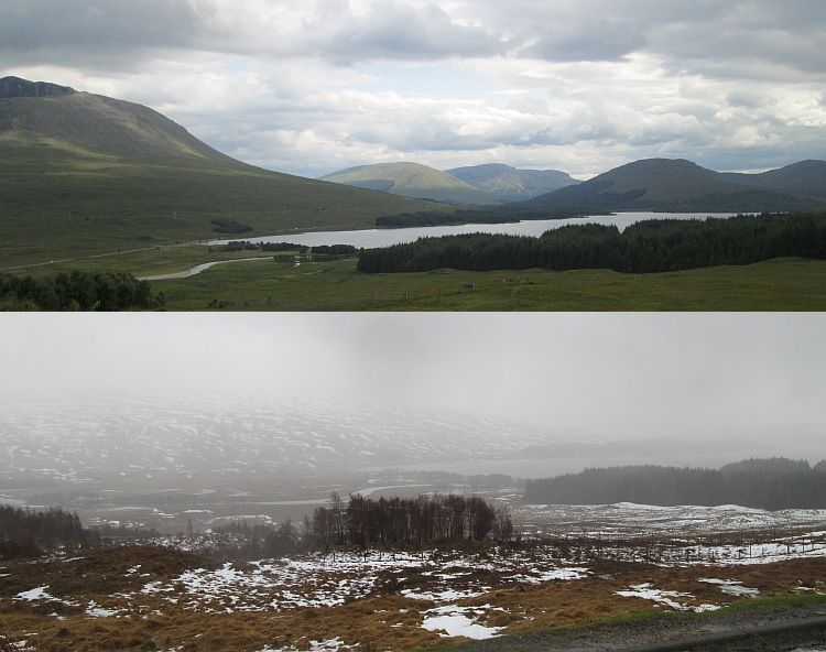 rannoch moor seen in 2 pictures, one in lush green summer the other in cold barren winter