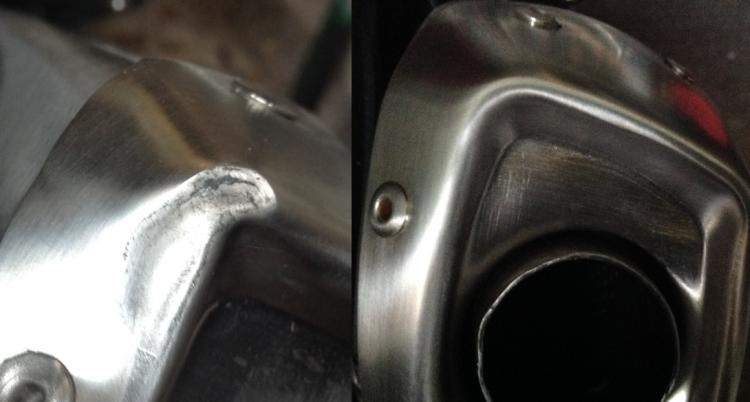2 images side by side, one exhaust with a slight dent the other in good order