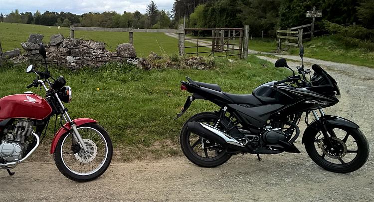 A jet black CBF 125 contrasts against a lush green countryside scene