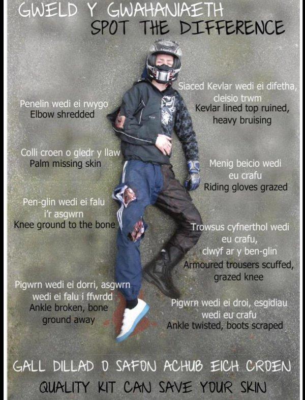a flyer showing a motorcyclist's injuries with and without protective clothing