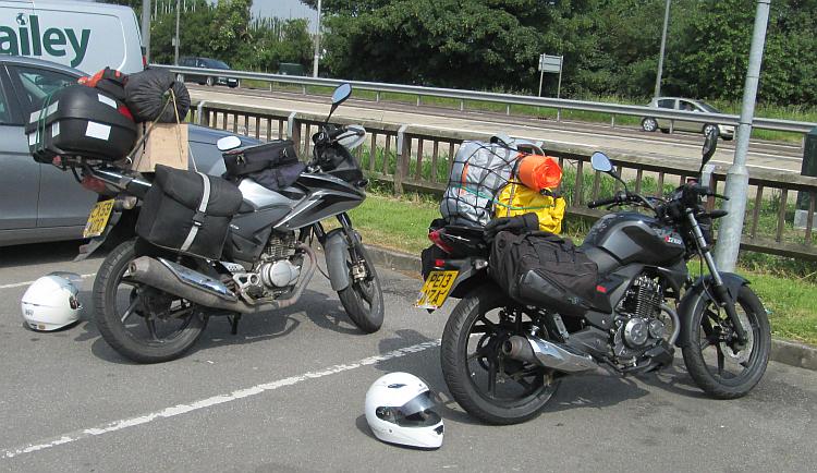 Our 2 125cc bikes, all loaded up with camping gear and the like and ready to go