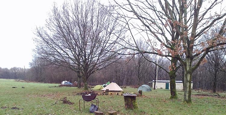 The campsite at Giant's Seat near Farnworth. Big bare trees and a few tents