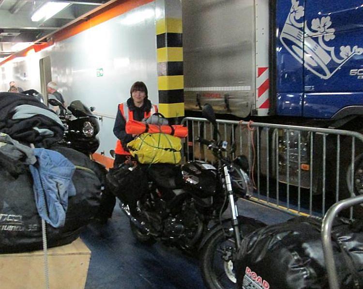 Sharon and her 125 inside the bowels of the ferry to The Netherlands