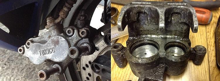 The dirty, rough, corroded brakes of the ZZR