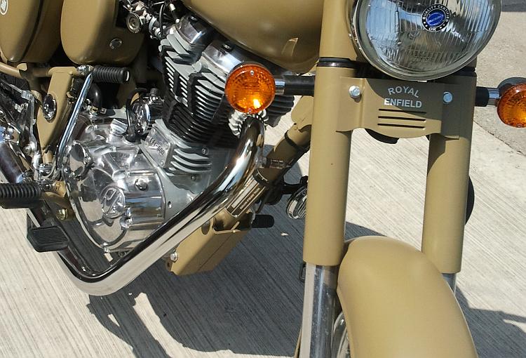 The metal shrouds that protect a Royal Enfield 500