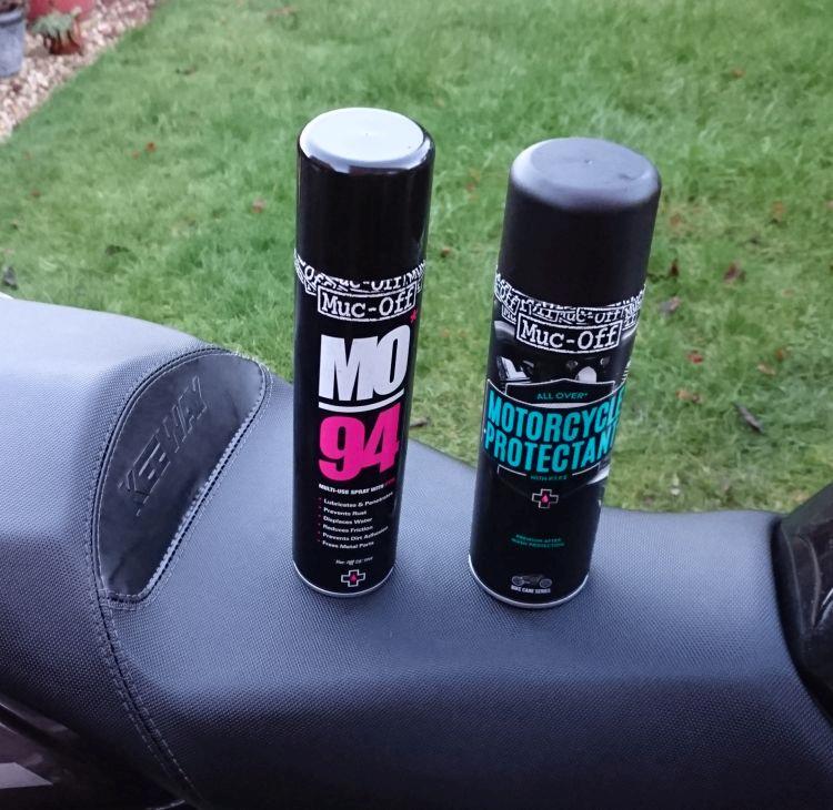 2 tins on Sharon's seat - Muc-Off protectand and MO94