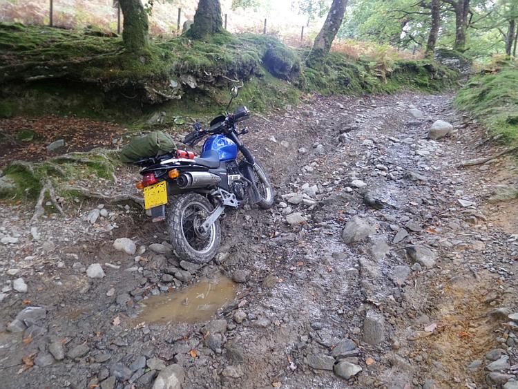 A steep and rocky track with loose shingle and boulders, Bob's bike is stuck