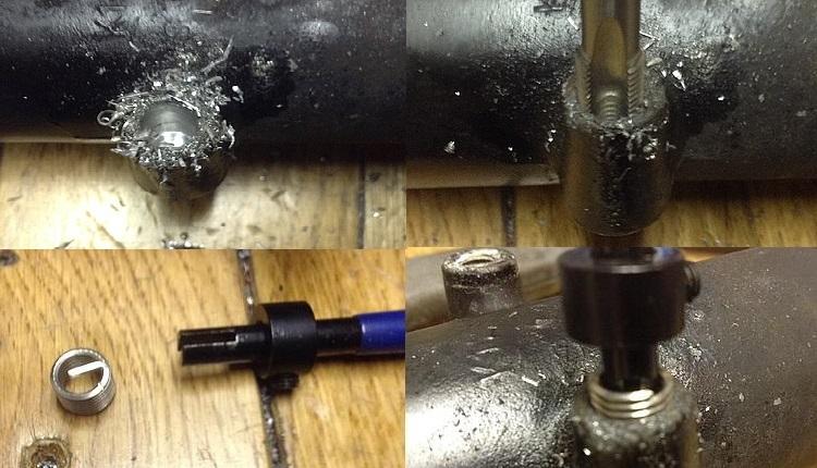 The tap rethreading set and tapping the fork legs for the mudguard fixings