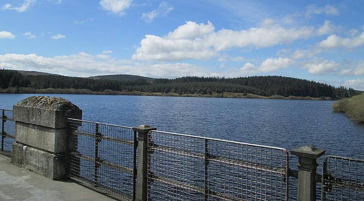 Hills, trees, water and blue skies at Alwen Reservoir in North Wales