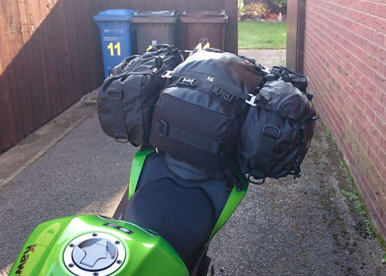 The 3 Kriega bags on Sharon's Kawasaki seen from the front looking smart