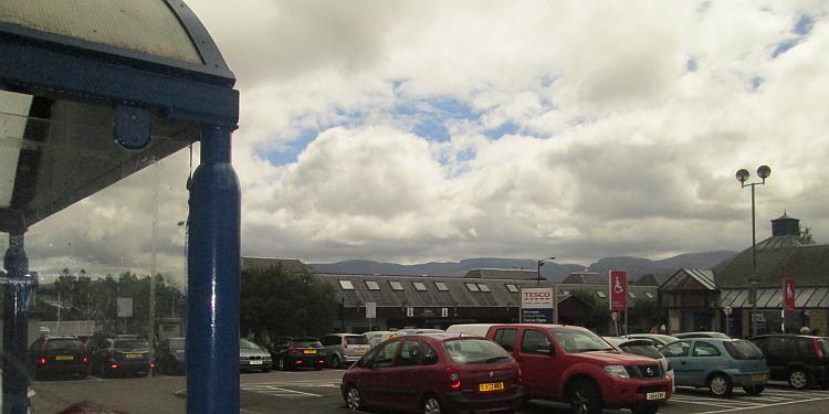 The tesco car park at Aviemore, the mountains can just be seen in the background
