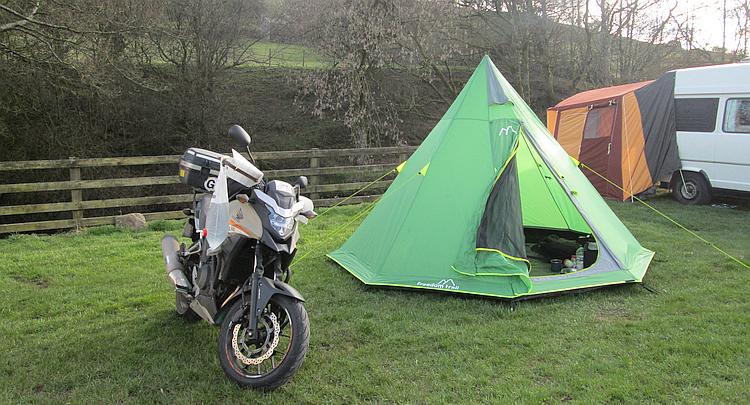 The new Tipi tent and Ren's CB500X parked at Usha Gap campsite in Swaledale