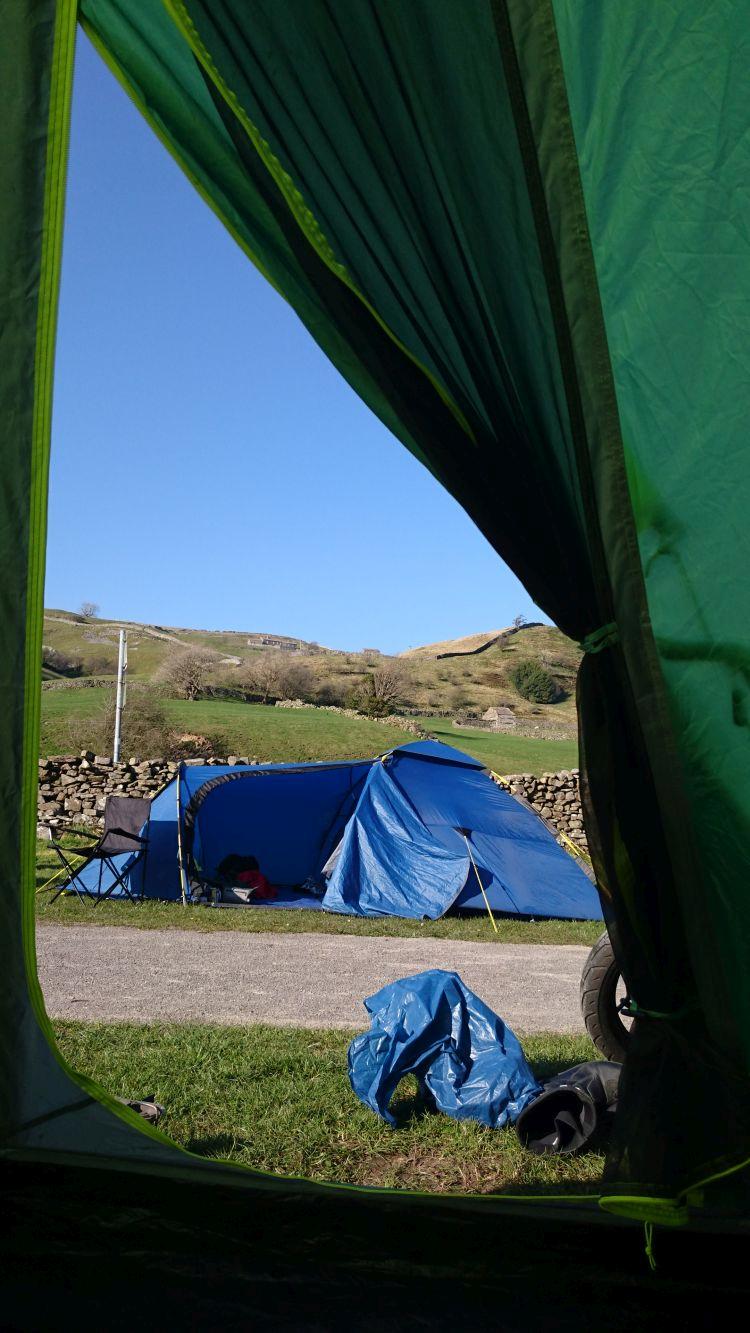 Looking out from the tent we see blue skies, another tent and the delightful Yorkshire Dales