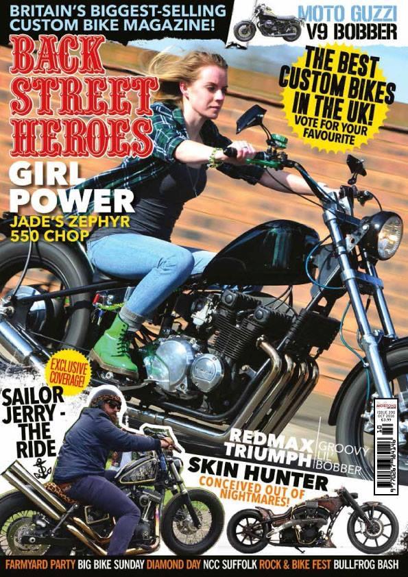The cover of back street heroes magazine featuring Jade and her chopper