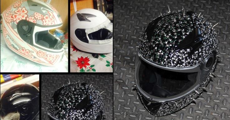 Montage of the helmet changine from flower pattern to crazy spikey and encrusted