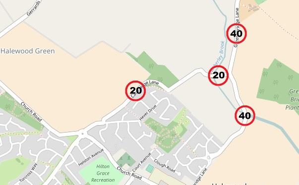 A map showing speed limits on the road and surrounding roads