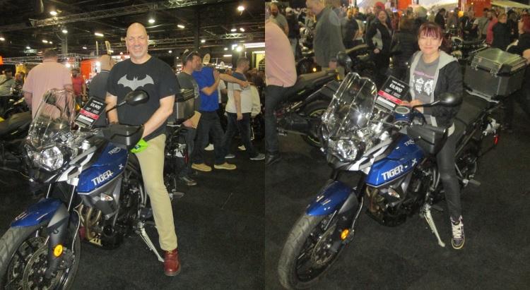 Split image with drew on the triumph tiger then sharon on the same bike