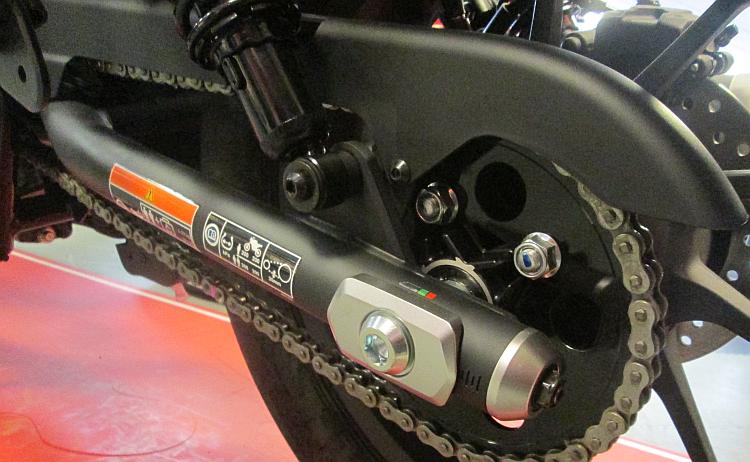 The chain adjusters on a tubular swingarm, neat tidy and effective