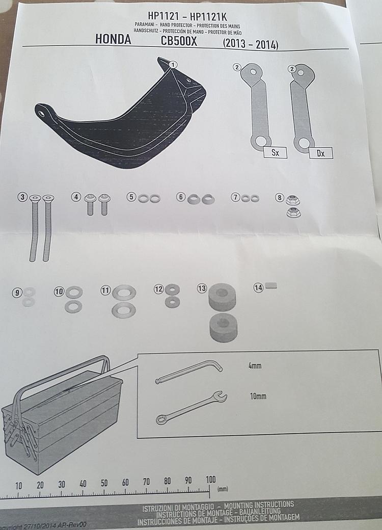 The printed instructions for the CB500X HP1121 Handguards